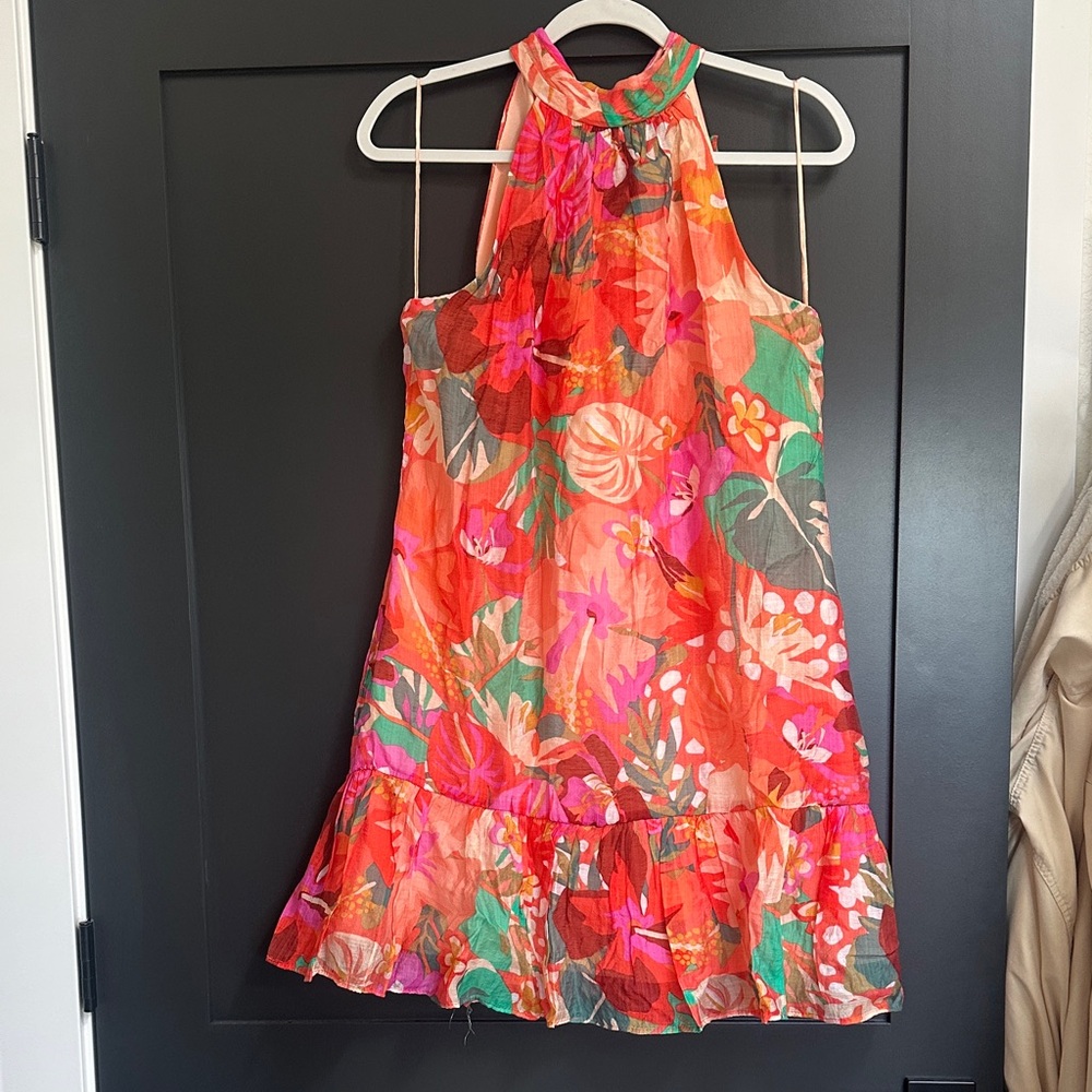 Floral Halter Neck Dress - Orange and Pink